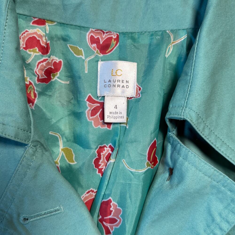 LC Lauren Conrad Seafoam Green Trench Coat Floral Lining Size 4 - Picture 11 of 14